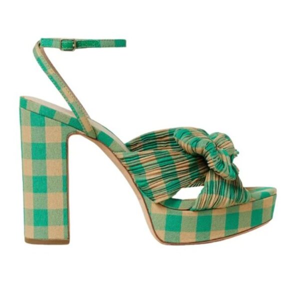 Loeffler Randall Natalia Bow Platform Heel SANDALS Size 5 Green Gingham NEW $450 - Picture 4 of 16